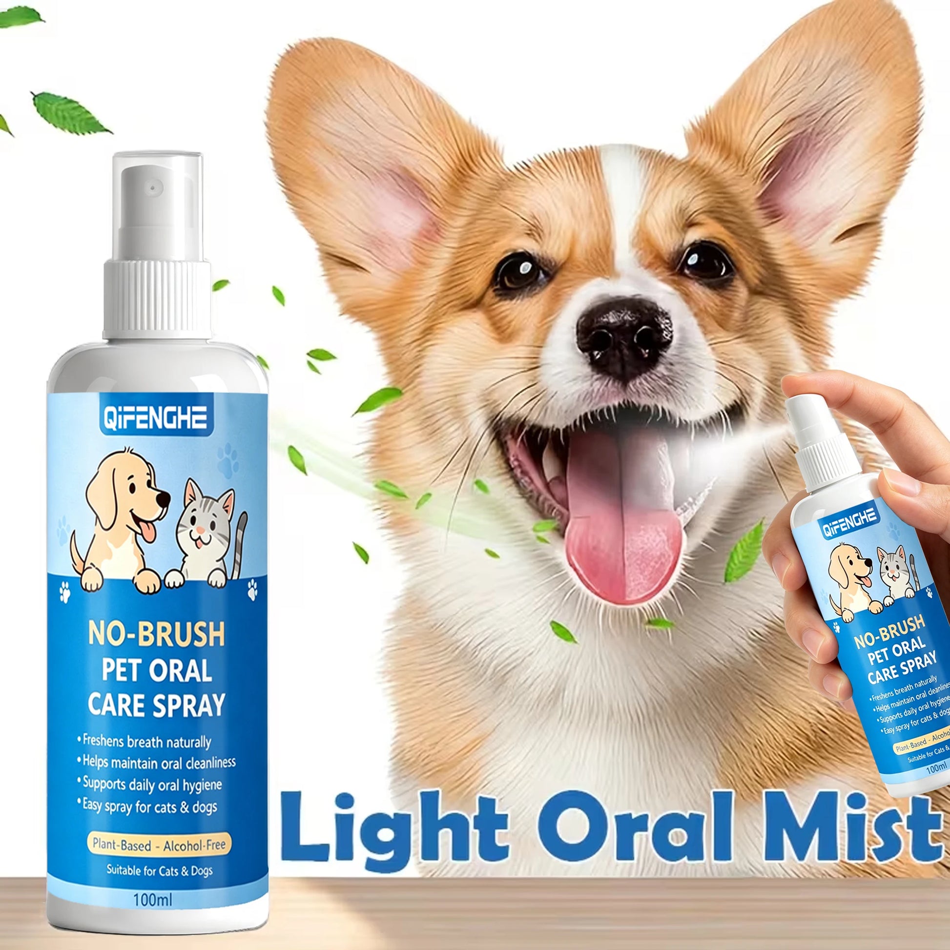 No-Brush Pet Oral Care Spray for Cats & Dogs - Natural Breath Freshener, Alcohol-Free Plant-Based Dental Cleaning Spray for Pet